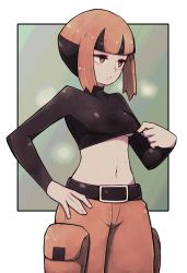 Rule 34 | 1girl, :o, belt, belt buckle, black belt, breasts, brown eyes, brown hair, buckle, clothes lift, cowboy shot, creatures (company), crop top, game freak, gardenia (pokemon), gym leader, hand on own hip, highres, lamb-oic029, lifted by self, long sleeves, midriff, navel, nintendo, orange hair, pocket, pokemon, pokemon dppt, shirt lift, short hair, shorts, simple background, skin tight, solo, standing, stomach, sweat, turtleneck, underboob