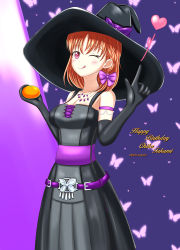 Rule 34 | 1girl, ;), ;p, absurdres, animal print, artist name, artist request, bare shoulders, belt, black dress, black gloves, black hat, black skirt, blush, bow, braid, breasts, bug, butterfly, butterfly print, collarbone, dress, elbow gloves, female focus, food, fruit, gem (symbol), gloves, hair bow, hat, hat bow, heart, highres, holding, holding food, holding orange, insect, jewelry, large hat, looking at viewer, love live!, love live! sunshine!!, medium breasts, miniskirt, necklace, one eye closed, orange (fruit), orange hair, parted lips, pink butterfly, plaid, plaid dress, plaid skirt, pleated, pleated dress, pleated skirt, pointing, pointing up, purple background, purple belt, purple bow, red eyes, sho (higashi), sho (shou ma7), short hair, shou ma7, side braid, single braid, skirt, smile, solo, takami chika, tongue, tongue out