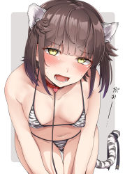 Rule 34 | 1girl, absurdres, anchor symbol, animal ears, animal print, bent over, bikini, blush, border, breasts, brown hair, collar, collarbone, cowboy shot, fang, fangs, grey jacket, hatsuzuki (kancolle), highres, jacket, kantai collection, kiritto, leaning forward, long sleeves, looking at viewer, medium breasts, navel, open mouth, pointy hair, short hair, solo, striped, sweat, swimsuit, tail, tiger ears, tiger print, tiger tail, white bikini, white border, yellow eyes