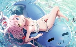 Rule 34 | 1girl, absurdres, afloat, ahoge, amamami prime, arm support, bare arms, bare legs, bare shoulders, barefoot, bikini, blue archive, blue eyes, blush, collarbone, crossed legs, fish, frilled bikini, frills, from above, hair between eyes, hair bobbles, hair ornament, halo, heterochromia, highres, hoshino (blue archive), innertube, long hair, looking at viewer, navel, ocean, open mouth, pink hair, smile, soaking feet, solo, swim ring, swimsuit, thighs, twintails, very long hair, water, wet, white bikini, yellow eyes