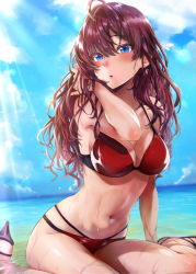 Rule 34 | 1girl, ahoge, bare shoulders, beach, bikini, blue eyes, blue sky, blush, breasts, brown hair, cleavage, collarbone, day, earrings, hand in own hair, ichinose shiki, idolmaster, idolmaster cinderella girls, jewelry, large breasts, light rays, long hair, looking at viewer, medium breasts, navel, open mouth, red bikini, sandals, shore, simon (n.s craft), sitting, sky, solo, sunlight, swimsuit, thighs, wariza, wet