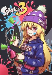 Rule 34 | 1girl, adapted costume, american flag shirt, blonde hair, breasts, clownpiece, fairy, fairy wings, hat, highres, long hair, nintendo, pink eyes, polka dot, shitacemayo, small breasts, solo, splatoon (series), splatoon 3, touhou, very long hair, wings