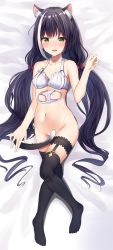 Rule 34 | 1girl, absurdres, amrita (amber78gou), animal ear fluff, animal ears, bare shoulders, black hair, black thighhighs, blush, bow, bra, breasts, bridal garter, cat ears, cat tail, fang, from above, full body, garter straps, green eyes, groin, hair bow, hand up, highres, karyl (princess connect!), long hair, looking at viewer, low twintails, multicolored hair, navel, open mouth, panties, unworn panties, princess connect!, skin fang, solo, stomach, streaked hair, tail, thighhighs, thighs, twintails, underwear, very long hair, white hair