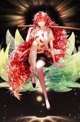 Rule 34 | 1other, androgynous, houseki no kuni, long hair, looking at viewer, open clothes, open shirt, over shoulder, padparadscha (houseki no kuni), red eyes, red hair, shirt, smile, solo, sparkle, sword, sword over shoulder, thighhighs, very long hair, weapon, weapon over shoulder