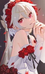 Rule 34 | 1girl, absurdres, ai dongdong, bare shoulders, black ribbon, blush, cross, detached sleeves, dot nose, dress, flower, hair between eyes, head tilt, highres, honkai (series), honkai impact 3rd, long hair, long sleeves, looking at viewer, neck ribbon, open mouth, own hands together, red eyes, red flower, red rose, ribbon, rose, sidelocks, sleeveless, sleeveless dress, solo, theresa apocalypse, twintails, upper body, white dress, white hair, white sleeves
