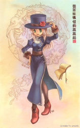 Rule 34 | 1girl, adapted costume, adjusting clothes, adjusting headwear, bad id, blue dress, blue hat, book, brown thighhighs, china dress, chinese clothes, commentary, dated commentary, dress, flower, full body, green eyes, grey hair, hat, hat flower, high heels, juliet sleeves, long hair, long sleeves, looking at viewer, open mouth, priest (ragnarok online), puffy sleeves, ragnarok online, red flower, red footwear, signature, smile, solo, thighhighs, tiv, top hat, translation request