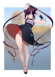 Rule 34 | 1girl, absurdly long hair, absurdres, arms up, bare shoulders, black dress, black footwear, blue eyes, blunt bangs, blurry, blurry background, blush, border, breasts, china dress, chinese clothes, detached sleeves, double bun, dress, fate/grand order, fate (series), full body, grin, hair bun, hair ornament, highres, jikatarou, legs, long hair, looking at viewer, medium breasts, short dress, smile, solo, very long hair, white border, yang guifei (fate), yang guifei (first ascension) (fate)