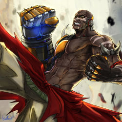 Rule 34 | 1boy, artist name, clenched hand, clenched teeth, dark-skinned male, dark skin, doomfist (overwatch), manly, mechanical arms, navel, overwatch, overwatch 1, signature, single mechanical arm, teeth, topless male, wallace pires