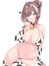 1girl ahoge alternate_costume ama_natsuko animal_ears animal_print armpit_crease bare_shoulders bell bikini bottle breasts bridal_gauntlets brown_hair choker cleavage closed_mouth commission cow_ears cow_horns cow_print cow_print_bikini cow_print_thighhighs cowbell fake_animal_ears fake_horns green_eyes hair_bun hair_ornament hairband hairclip halterneck hand_up highleg highleg_bikini holding holding_bottle horns indie_virtual_youtuber large_breasts long_hair looking_at_viewer milk_bottle miori_celesta navel print_bikini print_thighhighs red_choker side-tie_bikini_bottom sidelocks sitting skeb_commission skindentation smile solo stomach string_bikini swimsuit thighhighs thighs virtual_youtuber white_bikini white_thighhighs yokozuwari