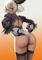 Rule 34 | 1girl, 2b (nier:automata), 2b (nier:automata) (cosplay), ass, back cutout, bea (pokemon), black gloves, black hairband, black ribbon, blue eyes, blush, brown thighhighs, clothing cutout, commentary request, cosplay, creatures (company), dark-skinned female, dark skin, elbow gloves, feather trim, from behind, game freak, gloves, gradient background, hair ribbon, hairband, hand under clothes, heattech leotard, highleg, highleg leotard, highres, leaning forward, leotard, long sleeves, looking at viewer, nier:automata, nier (series), nintendo, orange background, pokemon, pokemon swsh, ribbon, short hair, silver hair, solo, thighhighs, turtleneck, two-tone leotard, v-shaped eyebrows, yamaneko (tkdrumsco)