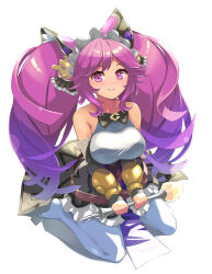 Rule 34 | 1girl, bare shoulders, breasts, cleo (dragalia lost), closed mouth, detached sleeves, dragalia lost, full body, gradient hair, hair ornament, holding, holding staff, large breasts, long hair, looking at viewer, multicolored hair, pink eyes, pink hair, purple hair, seiza, sitting, smile, solo, staff, thighhighs, twintails, two-tone hair, very long hair, white background, white thighhighs, yuu (kfc)