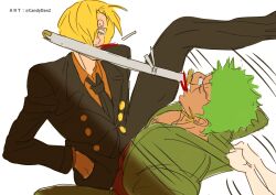 Rule 34 | 1girl, 2boys, absurdres, blonde hair, blood, charlotte pudding, cigarette, clothes grab, earrings, facial hair, formal, grabbing, grabbing from behind, green hair, green kimono, highres, holding, holding sword, holding weapon, jacket, japanese clothes, jewelry, kimono, looking at another, motion lines, multiple boys, one leg raised, one piece, pants, rita ya, roronoa zoro, sanji (one piece), short hair, suit, sword, weapon