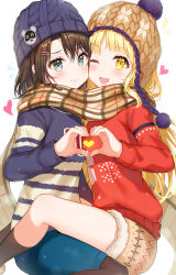 Rule 34 | 2girls, ;d, absurdres, bang dream!, beanie, black hair, black legwear, blonde hair, blue hat, blue skirt, blue sweater, blush, breast press, breasts, brown hat, brown scarf, brown skirt, cheek-to-cheek, closed mouth, fur trim, grey eyes, hair ornament, hairclip, hat, heads together, heart, heart hands, heart hands duo, highres, light particles, long hair, long sleeves, looking at viewer, miniskirt, multiple girls, okusawa misaki, one eye closed, open mouth, pantyhose, pencil skirt, plaid, plaid scarf, red sweater, scarf, shared clothes, shared scarf, short hair, sidelocks, simple background, sitting, skirt, small breasts, smile, sweater, symmetrical docking, tareme, teeth, tokkyu, tsurumaki kokoro, upper teeth only, white background, winter clothes, yellow eyes