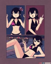 Rule 34 | 1girl, absurdres, bikini, black bikini, black hair, black lips, breasts, chair, cup, disposable cup, grey eyes, hand up, highres, holding, holding cup, hotel transylvania, keetydraws, lipstick, looking at viewer, makeup, mavis dracula, medium breasts, navel, outdoors, pool, poolside, short hair, sitting, slit pupils, solo, swimsuit, v