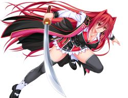 Rule 34 | 1girl, amasaka takashi, black thighhighs, breasts, brown eyes, cleavage, coat, game cg, heterochromia, holding, holding weapon, katana, large breasts, long hair, pleated skirt, red eyes, school uniform, shoes, skirt, smile, solo, sword, thighhighs, transparent background, unionism quartet, weapon, yagyuu jubee