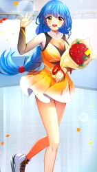 Rule 34 | 1girl, :d, bare legs, blue hair, blush, bouquet, braid, braided ponytail, breasts, doukyuusei 2, doukyuusei another world, dress, figure skating dress, floating hair, flower, game cg, gradient dress, gradient sleeves, holding, holding bouquet, ice skates, ice skating, large breasts, long hair, long sleeves, looking at viewer, official art, open mouth, pleated dress, red flower, red ribbon, red rose, ribbon, rose, short dress, single braid, skates, skating, smile, solo, very long hair, white dress, yasuda azumi, yellow dress, yellow eyes