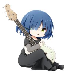 Rule 34 | 1girl, black footwear, black shirt, black skirt, blue hair, bocchi the rock!, chibi, electric guitar, eyes visible through hair, full body, green eyes, guitar, hair over one eye, highres, holding, holding instrument, instrument, kuena, layered sleeves, long sleeves, looking at viewer, mole, mole under eye, parted lips, shirt, shoes, short over long sleeves, short sleeves, simple background, sitting, skirt, solo, white background, yamada ryo