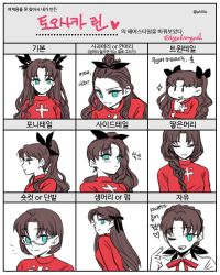 Rule 34 | 1girl, alternate hairstyle, aqua eyes, bespectacled, braid, brown hair, byulrorqual, closed eyes, fate/stay night, fate (series), french braid, glasses, hair over shoulder, hair ribbon, korean text, long hair, looking at viewer, one eye closed, ponytail, ribbon, short hair, side ponytail, simple background, single braid, smile, tohsaka rin, topknot, turtleneck, twintails, twitter username, two side up, white background
