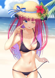 Rule 34 | 1girl, :p, bare shoulders, beach, bikini, black bikini, blue eyes, blue sky, blurry, blurry background, blush, breasts, cleavage, cloud, collarbone, cowboy shot, day, depth of field, flower, go-toubun no hanayome, groin, hat, hat flower, hat ribbon, hibiscus, highres, long hair, looking at viewer, medium breasts, mottsun (i 40y), nail polish, nakano nino, navel, ocean, one eye closed, pink hair, purple nails, ribbon, sand, sky, solo, standing, stomach, straw hat, sunflower, swimsuit, thigh gap, tongue, tongue out, untied bikini, water