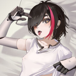 1girl absurdres android bed_sheet black_eyes black_hair breasts clothes_lift commentary covered_erect_nipples fangs hair_over_one_eye hand_up highres iyouqi jun_(my_dystopian_robot_girlfriend) lifting_own_clothes long_bangs looking_at_viewer mechanical_arms multicolored_hair my_dystopian_robot_girlfriend open_mouth pink_hair robot_girl saliva shirt shirt_lift short_hair small_breasts solo streaked_hair t-shirt teeth tongue tongue_out two-tone_hair upper_body upper_teeth_only white_shirt yellow_pupils