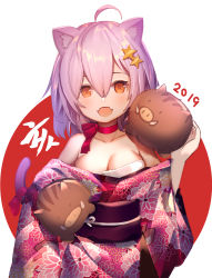 Rule 34 | 1girl, 2019, :d, ahoge, animal, animal ear fluff, animal ears, bare shoulders, blush, breasts, brown eyes, cat ears, chinese zodiac, cleavage, collarbone, commentary request, fangs, floral print, hair between eyes, hair ornament, hand up, highres, japanese clothes, kimono, large breasts, long hair, obi, off shoulder, open mouth, original, pig, pink kimono, print kimono, purple hair, red background, rk (rktorinegi), sash, smile, solo, star (symbol), star hair ornament, two-tone background, upper body, white background, year of the pig