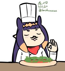 Rule 34 | 1girl, bachunawa, blush, chef, chef hat, chibi, closed eyes, cooking simulator, fake facial hair, fake mustache, fang, food, hat, highres, hololive, hololive english, long hair, ninomae ina&#039;nis, ok sign, open mouth, pizza, pointy ears, red scarf, scarf, short bangs, v-shaped eyebrows, virtual youtuber, white background, white headwear