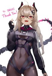 Rule 34 | 1girl, artist request, breasts, cine (wazd0183), english text, fang, glasses, gloves, highres, indie virtual youtuber, large breasts, long hair, looking at viewer, red eyes, saruei (vtuber), scar, scar on face, silver hair, tail, virtual youtuber
