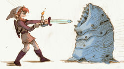 Rule 34 | 1boy, belt, black footwear, boots, brown hair, candle, fire, from side, green headwear, green tunic, holding, holding candle, holding sword, holding weapon, leever, link, long sleeves, male focus, monster, nintendo, rvsa, scared, shield, shield on back, short hair, sword, the legend of zelda, the legend of zelda (nes), weapon, white background