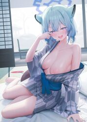 Rule 34 | 1girl, animal ears, arm support, aya (lezon), barefoot, bath yukata, blue archive, blue halo, blush, breast slip, breasts, clothes pull, commentary request, feet, green hair, hair between eyes, half-closed eyes, halo, hand fan, highres, indoors, japanese clothes, kimono, large areolae, legs, looking at viewer, medium breasts, nail polish, nipples, off shoulder, official alternate costume, one breast out, open clothes, open mouth, paper fan, purple eyes, shigure (blue archive), shigure (hot spring) (blue archive), short hair, sitting, smile, solo, speech bubble, tail, tatami, teeth, toenail polish, toenails, toes, uchiwa, upper teeth only, weasel ears, weasel tail, yokozuwari, yukata