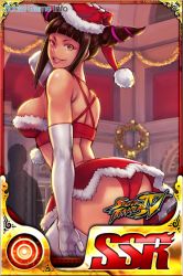 Rule 34 | 1girl, artist request, ass, black hair, breasts, christmas, drill hair, elbow gloves, fur trim, gloves, han juri, hat, large breasts, santa costume, santa hat, short hair, short twintails, sideboob, solo, street fighter, street fighter battle combination, street fighter iv (series), twin drills, twintails, watermark