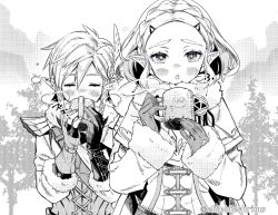Rule 34 | 1boy, 1girl, blush stickers, braid, capelet, closed eyes, coat, cold, commentary, crown braid, cup, eyelashes, fang, forehead, fur-trimmed sleeves, fur trim, gloves, greyscale, hair between eyes, hair ornament, hairclip, holding, holding cup, link, monochrome, nintendo, open mouth, outdoors, parted bangs, pointy ears, princess zelda, short hair, shuri (84k), sidelocks, steam, strap, symbol-only commentary, the legend of zelda, the legend of zelda: breath of the wild, the legend of zelda: tears of the kingdom, thick eyebrows, tree, twitter username, upper body, winter clothes