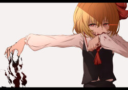 Rule 34 | 1girl, absurdres, ascot, black skirt, black vest, blonde hair, blood, blood on clothes, blood on face, collared shirt, darkness, glowing, glowing eye, hair ribbon, highres, long sleeves, nishizuki shino, red ascot, red eyes, red ribbon, ribbon, rumia, shirt, short hair, skirt, solo, touhou, vest, white shirt