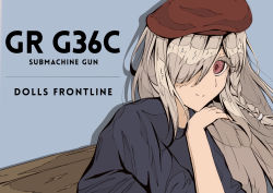 Rule 34 | 1girl, bad id, bad pixiv id, beret, blue shirt, braid, character name, copyright name, cover, english text, g36c (girls&#039; frontline), girls&#039; frontline, hair over eyes, hat, highres, i rikky, long hair, magazine cover, one eye covered, platinum blonde hair, red eyes, shirt, simple background, solo focus