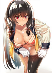 Rule 34 | 10s, 1girl, bent over, black hair, black thighhighs, blunt bangs, bra, breasts, cleavage, dressing, eyebrows, foreshortening, gloves, hair ribbon, hanging breasts, isokaze (kancolle), kantai collection, large breasts, long hair, long sleeves, looking at viewer, navel, neckerchief, no pants, open clothes, open shirt, pink bra, red ribbon, ribbon, shirt, simple background, single thighhigh, solo, standing, stomach, takamura wamu, thigh gap, thighhighs, underwear, undone neckerchief, very long hair, white background, white gloves, white shirt