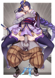 Rule 34 | 1boy, 1girl, baggy pants, blush, braid, grabbing another&#039;s breast, breasts, broken, broken weapon, censored, clenched teeth, clothed sex, clothing aside, defeat, erection, genshin impact, grabbing, grabbing from behind, highres, holding, holding polearm, holding weapon, japanese clothes, kimono, large breasts, mosaic censoring, nipples, panties, panties aside, pants, penis, polearm, purple eyes, purple hair, raiden shogun, sex, spread legs, standing, standing sex, sukoyaka93, teeth, thighhighs, underwear, weapon