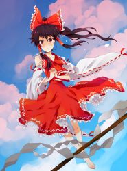 Rule 34 | 1girl, bad id, bad pixiv id, barefoot, bow, brown hair, day, detached sleeves, female focus, full body, gohei, gradient background, hair bow, hakurei reimu, hinabu, japanese clothes, miko, outdoors, red eyes, rem mido, short hair, skirt, sky, solo, tears, touhou