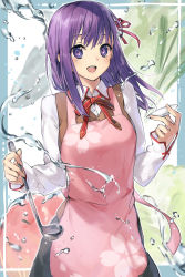 Rule 34 | 1girl, :d, absurdres, apron, brown vest, collared shirt, cowboy shot, dress shirt, fate/stay night, fate (series), grey skirt, hair ribbon, highres, holding, homurahara academy school uniform, long hair, looking at viewer, matou sakura, neck ribbon, open mouth, pink apron, purple eyes, purple hair, red ribbon, ribbon, school uniform, shigure (shigure 43), shirt, skirt, smile, solo, standing, straight hair, vest, white shirt, wing collar