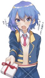 1girl, arm behind back, bangs, blue eyes, blue hair, blue jacket, blue skirt, blurry, blurry foreground, blush, braid, commentary, depth of field, dorothy west, dress shirt, fang, frown, gift, giving, hair tie, highres, holding, holding gift, jacket, long sleeves, looking at viewer, neckerchief, open mouth, paprika private academy school uniform, plaid, plaid skirt, pretty (series), pripara, red neckwear, school uniform, shirt, short hair, simple background, skin fang, skirt, solo, standing, sweatdrop, sweater, translated, tsundere, v-neck, valentine, white background, white shirt, wing collar, yellow sweater, zono (inokura syuzo029)