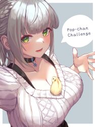 Rule 34 | 1girl, between breasts, bird, black choker, braid, breasts, choker, cleavage, collarbone, english text, green eyes, grey hair, highres, hololive, large breasts, looking at viewer, open mouth, roco (rocoroco1115), shirogane noel, short hair, smile, solo, sweater, virtual youtuber, white sweater