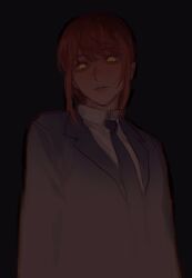 Rule 34 | 1girl, black background, black jacket, black necktie, blush, chainsaw man, eye focus, head tilt, highres, jacket, keibleh, looking at viewer, makima (chainsaw man), necktie, parted lips, red hair, ringed eyes, shirt, simple background, solo, spot color, upper body, white shirt, yellow eyes