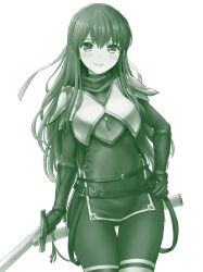 Rule 34 | 1girl, armor, belt, breastplate, cowboy shot, dress, elbow gloves, fire emblem, fire emblem: mystery of the emblem, fire emblem heroes, gloves, green theme, hand on own hip, highres, holding, holding sword, holding weapon, inanaki shiki, long hair, monochrome, nintendo, palla (fire emblem), pantyhose, scabbard, sheath, short dress, shoulder pads, simple background, smile, solo, sword, thighhighs, weapon, white background