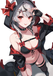 Rule 34 | 1girl, absurdres, bare shoulders, bikini, black bikini, black gloves, bow, braid, breasts, cleavage, fingerless gloves, from above, gloves, grey hair, hair over shoulder, highres, hololive, hood, hood up, hoodie, kujou ichiso, large breasts, layered bikini, looking at viewer, multicolored hair, navel, open clothes, open hoodie, red eyes, red nails, sakamata chloe, simple background, smile, solo, streaked hair, swimsuit, thigh strap, tongue, tongue out, v, virtual youtuber, white background
