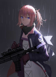 Rule 34 | 1girl, absurdres, alternate costume, ar-15, black gloves, black scarf, blue eyes, closed mouth, girls&#039; frontline, gloves, gun, hair ornament, hairclip, highres, holding, holding weapon, long hair, looking at viewer, mod3 (girls&#039; frontline), pink hair, rain, rifle, salty eyes, scarf, simple background, solo, st ar-15 (girls&#039; frontline), st ar-15 (mod3) (girls&#039; frontline), water drop, weapon
