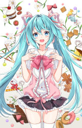 Rule 34 | 1girl, black skirt, blue eyes, blue hair, blush, candy, candy wrapper, chocolate, chocolate bar, commentary request, cupcake, doughnut, flower, food, frilled skirt, frills, hair between eyes, hair ribbon, hatsune miku, highres, juna, long hair, looking at viewer, open mouth, pink ribbon, pink shirt, pleated skirt, pudding, ribbon, sailor collar, shirt, short sleeves, skirt, solo, twintails, very long hair, vocaloid, white flower, white sailor collar