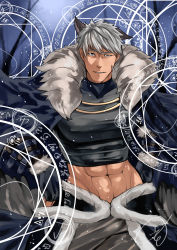 Rule 34 | 1boy, absurdres, animal ears, black gloves, black shirt, blue cape, brown eyes, cape, cat ears, commentary request, covered erect nipples, cowboy shot, crop top, fingerless gloves, fur-trimmed cape, fur cape, fur trim, gloves, grey hair, grey pants, highres, large pectorals, looking at viewer, magic circle, muscular, muscular male, official alternate costume, pants, parted lips, pectorals, pupuddddy, ragnarok online, shadow chaser (ragnarok online), shirt, short hair, solo, waist cape