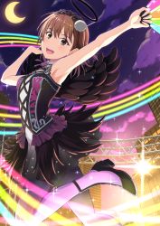 Rule 34 | 1girl, :d, armpits, black footwear, black hairband, black skirt, black wings, brown eyes, brown hair, crescent moon, feathered wings, hair between eyes, hairband, highres, holding, k3rd, looking at viewer, miniskirt, misaka mikoto, moon, night, open mouth, outstretched arm, pantyhose, purple pantyhose, purple sky, short hair, skirt, sky, smile, solo, sparkle, standing, standing on one leg, toaru majutsu no index, wings