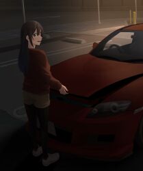 Rule 34 | 1girl, absurdres, black hair, black pantyhose, brown shorts, car, commentary, commentary request, from behind, grey eyes, highres, jacket, long sleeves, looking at viewer, love live!, love live! nijigasaki high school idol club, mazda, mazda rx-8, motor vehicle, night, open mouth, outdoors, pantyhose, parking lot, red jacket, s sho mkrn, shoes, shorts, sidelocks, solo, white footwear, yuki setsuna (love live!)