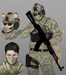 Rule 34 | 1boy, ammunition pouch, animal ears, belt, black belt, black hair, buckle, call of duty, call of duty: modern warfare 2, camouflage, camouflage jacket, camouflage pants, green jacket, green pants, grey background, gun, helmet, highres, holding, holding gun, holding weapon, horangi (modern warfare 2), jacket, male focus, mask, mouth mask, pants, pouch, quokka130, short hair, simple background, snap-fit buckle, sunglasses, tail, tiger boy, tiger ears, tiger tail, weapon