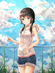 Rule 34 | 1girl, absurdres, amano hina (tenki no ko), bare arms, bare shoulders, black hair, blue eyes, blush, choker, cloud, commentary request, day, highres, holding, holding umbrella, hood, hood down, hooded jacket, jacket, long hair, looking at viewer, low twintails, outdoors, sarika, short shorts, shorts, sky, sleeveless, sleeveless jacket, smile, solo, tenki no ko, transparent, transparent umbrella, twintails, umbrella
