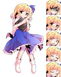 Rule 34 | 1girl, :d, alice margatroid, alice margatroid (pc-98), alphes (style), blonde hair, blue bow, blue skirt, blush, bow, closed eyes, closed mouth, commentary request, dairi, expressions, frilled skirt, frills, full body, grimoire of alice, hair bow, holding, knees together feet apart, looking at viewer, multiple views, no shoes, nose blush, open mouth, parody, shaded face, short sleeves, simple background, skirt, smile, socks, standing, style parody, tachi-e, touhou, touhou (pc-98), transparent background, white background, white legwear, yellow eyes